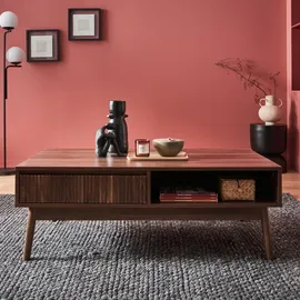 sweeek - Skandinavischer Couchtisch mit geriffeltem Holzdekor, 2 Nischen, 1 Schublade