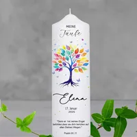 Personalisierte Taufkerzen für Mädchen und Jungen mit individuellem Taufspruch und einem bunten Lebensbaum-Baum Motiv–ein besonderes Geschenk zur Taufe,als Patenkerze oder zur Konfirmation.