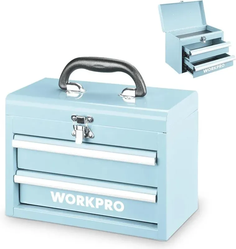 WORKPRO Tragbare Mini-Stahlbox mit Doppel-Auszug (Kugellager-Schienen, verbesserte Ausführung mit Schloss und Griff) - Macaron-Blau