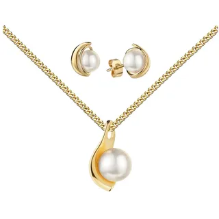 JEVELION Schmuckset Süßwasser-Perlen-Anhänger + 2 Ohrstecker 585 Gold - Made in Germany (Goldanhänger + Gold-Ohrschmuck, für Damen für Damen und Mädchen), Mit Kette vergoldet- Länge wählbar 36 - 70 cm oder ohne Kette.