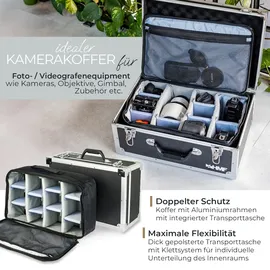 HMF 18440 Kamerakoffer, Fotokoffer Aluminium mit Tasche, individuelle Trennwände, 48 x 32 x 22,5 cm, schwarz