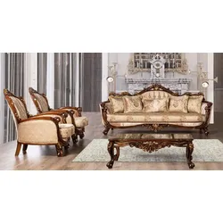 Casa Padrino Luxus Barock Wohnzimmer Set Beige / Braun / Gold - 2 Barock Sofas & 2 Barock Sessel & 1 Barock Couchtisch - Barock Wohnzimmer Möbel