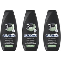 Schauma 3in1 Shampoo Intensive Reinigung (3x 400 ml), Haarshampoo für Haare, Körper und Gesicht, 3in1 Shampoo mit Aktivkohle und Tonerde reinigt das Haar gründlich
