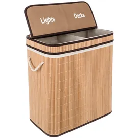 OEM Wäschesammler 100 Liter mit Deckel und Tragegriff und Wäschesack 2 Fächer Natur Bambus Optik Hygienisch 24269