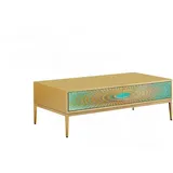 KAWOLA Couchtisch LAGO 2 Schubladen Glas grün Fuß Edelstahl goldfarben