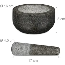 Relaxdays Granit Mörser mit Stößel, robust & langlebig, Gewürze, Kräuter, polierter Steinmörser, Ø 16 cm, 400 ml, grau
