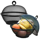 Obstkorb Mit Deckel - Obstschale Metall - Modern Obstaufbewahrung Mit Fliegenschutz - Corbeille Fruit Panier Schwarz (2 Obstkörbe + 2 Deckel; 2 Sets Insgesamt)