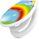 banjado Familien WC Sitz mit Absenkautomatik 44,9x37,1cm - Klobrille mit Kindersitz aus hochwertigem Polypropylen - Toilettendeckel mit Kinder Toilettensitz integriert - Motiv Regenbogen