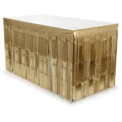 PartyDeco Lametta Tischrock 300x80cm glänzende Tischumrandung Fransen goldene Tischverkleidung Tischdeko & Party Glitzer Deko Gold