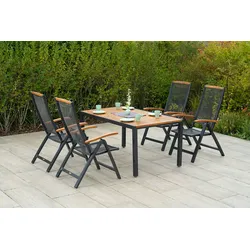 Merxx Tilos Set 5tlg., 4 Klappsessel, 4 Kissen, 1 Tisch 150 x 90 cm, Aluminium/Akazie