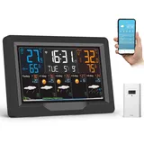 jely Wlan Wetterstation Funk mit Außensensor Wifi Funkwetterstation Farbdisplay 4 Einstellbare Helligkeit Thermometer Hygrometer Innen Außen mit Wettervorhersage, Temperatur, Luftfeuchtigkeit, Uhrzeit