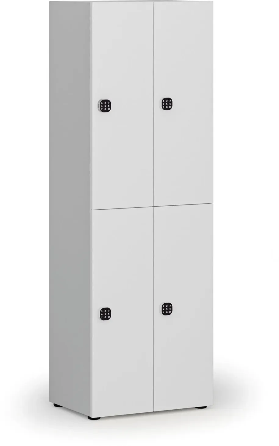 Holzspind S4 mit Ablagefächern, 4 Fächer, zerlegt, Codeschloss, grau/weiß