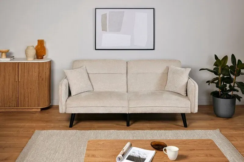 jahnke platzsparendes Schlafsofa Chillax, eleganter Stoff in Champagner, 3-fach individuell verstellbare Rückenlehne, 2 passende Zierkissen inklusive (191 cm breit)