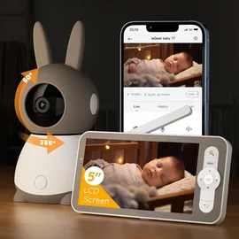 Avylet Babyphone mit 2 Kameras und APP 2K/5,0 Zoll WLAN Babyfon mit Split-Screen PTZ 360° 4× Zoom IR-Nachtsicht Automatische Verfolgung mit 2*Halterung & Grau