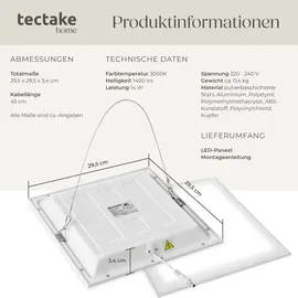 Tectake Lucerna 1 LED-Paneel weiß Stahl 29,5 x 29,5 cm