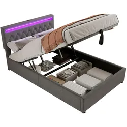 Merax 140*200 cm Doppelbett, Polsterbett, mit Umgebungslicht, USB- und Typ-C-Steckdose, Bett kann angehoben und abgesenkt werden, Grau