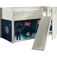 Vipack Hochbett Scott, Spielbett, Kiefer massiv weiß lackiert, mit Rolllattenrost (B/H/T ca. 207,6x114x203,7cm, Kopf-/Fußteil mit Fräsung, stabil gebaut) mit Rutsch-/Leiterturm, LF 90x200 cm, inkl. Vorhang, 7 Designs weiß