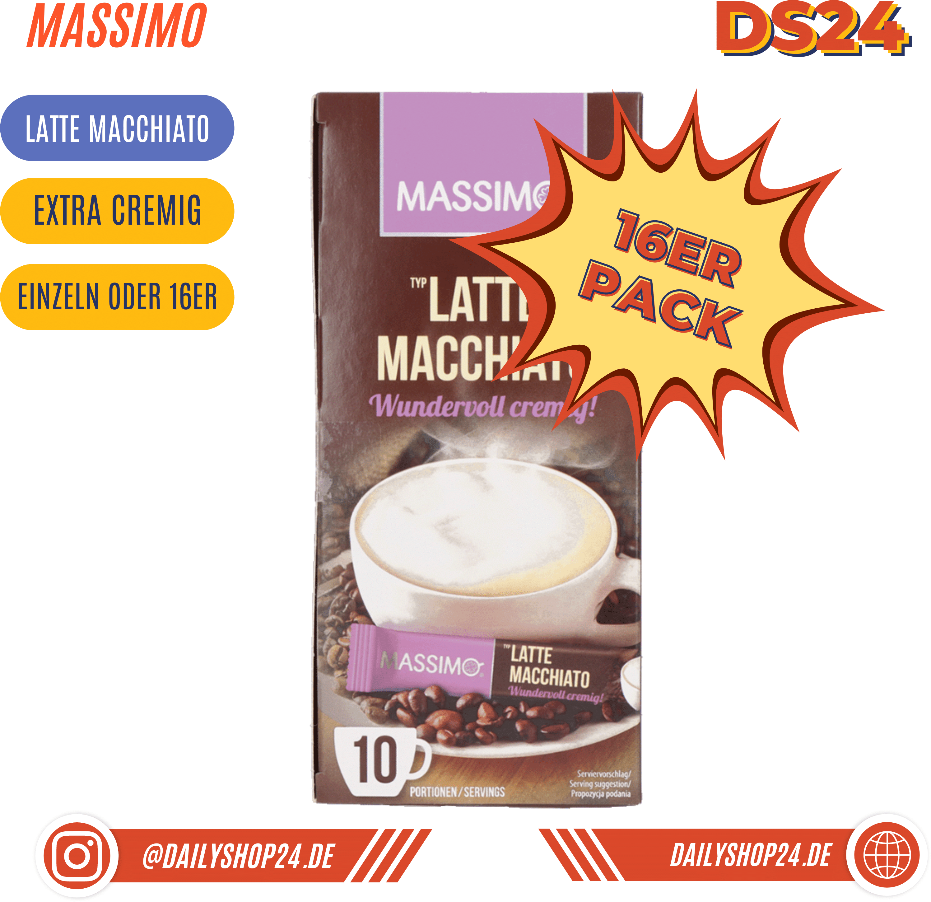 MASSIMO Kaffe Sticks - 16 Stück Vorteilspack / Latte Macchiato
