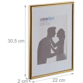 Relaxdays Bilderrahmen 2er Set, Din A4, Passepartout 15x20 cm, Glasscheibe, Fotorahmen zum Stellen oder Hinhängen, Gold,
