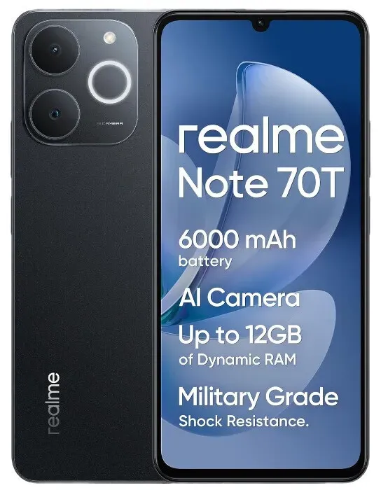 realme Note 70T Smartphone 4+128 GB, 6,75-Zoll HD 90 Hz Display, 6000 mAh Hochleistungsakku, ArmorShell-Schutz, T7250 Octa-Core-Chipsatz, Next AI, IP54, Obsidian Schwarz, Kein Ladegerät