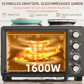 Homcom Minibackofen 28 L 2600W Mini Backofen 100-230°C 60 Min. Timer, mit 2 Warmhalteplatten Backblech und Grillrost Pizzaofen mit Krümelblech Schwarz
