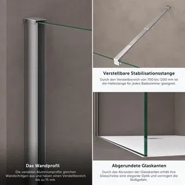 doporro Luxus Duschwand für Dusche Duschabtrennung 130x200cm Walk-In Dusche 10mm ESG-Sicherheitsglas Klarglas inkl. Nanobeschichtung Bremen02K