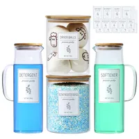 KitHero Glas-Waschmittelspender Set – 2x50 oz & 2x70 oz Borosilikat-Behälter mit Bambusdeckeln, Griffen & Etiketten – Für Pulver, Waschkapseln, Weichspüler – Waschraum-Organisation & Dekor