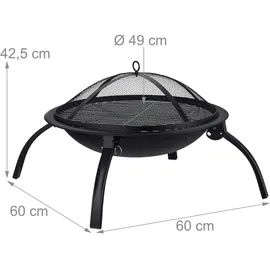 Relaxdays XL Feuerschale, Grill Rost, Schürhaken, Funkenschutz Deckel, Garten, Terrasse, Feuerstelle D 56,5 cm, schwarz
