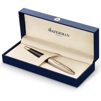 Waterman Carène Deluxe Kugelschreiber | hochglänzend Schwarz mit Silber-Plattierung und Clip aus 23-karätigem Gold | mittlere Schreibspitze | blaue Tinte | Geschenkbox