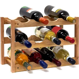 Relaxdays Weinregal Walnuss mit 3 Ebenen für 12 Flaschen Wein, H x B x T: 28 x 21 cm, natürlich, Holz, Holz