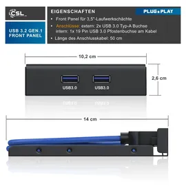 CSL USB 3.2 Gen.1 Front Panel aus Metall, interner Cardreader, Speicherkartenleser, bis zu 5 Gbit/s, 5 Schnittstellen, schwarz