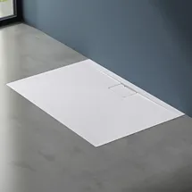 doporro Duschtasse Duschwanne 100x120x3 flach Mineralguss in Weiß inkl. Ablaufgarnitur Al06 Din-anschlüsse für bodengleiche Montage geeignet Geoma07