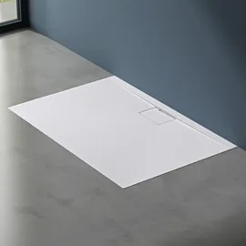 doporro Duschtasse Duschwanne 100x120x3 flach Mineralguss in Weiß inkl. Ablaufgarnitur Al06 Din-anschlüsse für bodengleiche Montage geeignet Geoma07