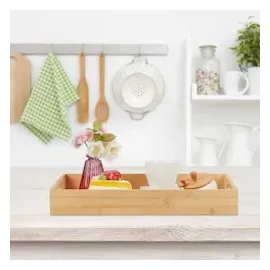 Relaxdays Tablett Bambus, HBT: 5,5 x 40 x 30 cm, Serviertablett mit Griffen, hoher Rand, Küchentablett rechteckig, Natur