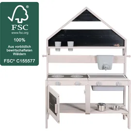 roba Matschküche in Hausoptik - Funktionelle Outdoor Spielküche inkl. Zubehör für Mädchen & Jungen - FSC-zertifiziertes Massivholz - Grau lasiert