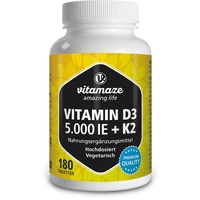 Vitamaze® Vitamin D3 K2 hochdosiert (1+ Jahre) 5000 IE Vitamin D3 + 100 mcg Vitamin K2 MK7 All Trans, 180 Tabletten Vitamin D ohne unnötige Zusatzstoffe, in Deutschland hergestellt