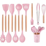 12 Stück Küchenhelfer Set Silikon mit Utensilienhalter Kochlöffel Set Küchenutensilien Set Küche Komplett Kochbesteck Set Hitzebeständiger Kochgeschirr Set Antihaft Kochset (Rosa)