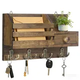 LUPATDY Schlüsselbrett mit Ablage, Schlüsselkasten Holz mit 4 Doppel Haken, Schlüsselbrett Vintage mit Schublade, Schlüsselhalter für Wohnzimmer, Küche, Büro, Flur, Schlafzimmer - Braun