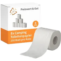 PRO PLUS Camping Toilettenpapier 2-lagig 8 x 250 Blatt