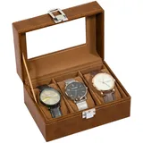 Uten Uhrenbox mit 3 Fächern, Uhrenbox mit Glasabdeckung, Uhrendisplay Aufbewahrungsbox für Damen und Herren, Braunes PU, Braunes Samtfutter, Geschenkidee