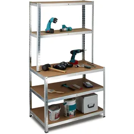 Relaxdays Schwerlastregal Metall 180x100x60 cm grau mit Werkbank 5 Böden freistehend