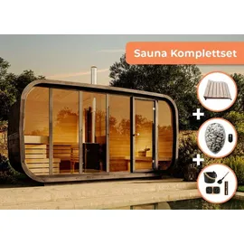 FinnTherm Comfort Set Fasssauna ScandiCube Space Fasssauna 4 Sitzbänke aus Holz, Sauna mit 42 mm Wandstärke, Außensauna mit Montagematerial