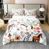 Pferd 100% Baumwolle Bettbezug für Mann Frau,Cowboy Cowgirl Tröster Bezug,Weiße Braune Pferde Bettwäsche Set,Bunte Blume Pilz Bettwäsche Abdeckung 135x200 Atmungsaktiv