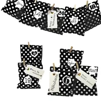 Frau WUNDERVoll® DIY Adventskalender zum Befüllen Bescherung: Set Punkt 161, Papiertueten flach 13x16,5cm, schwarz Punkt, Ziffern schwarz-weiß