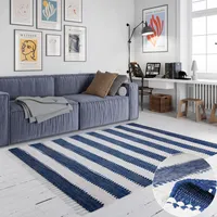 OTTO home Teppich OTTO HOME "Benja", blau (blau, weiß), B:60cm H:10mm L:110cm, Baumwolle, Polyester, Teppiche, Teppich, Handweb Teppich, gestreift, 90% Baumwolle, handgewebt, mit Fransen