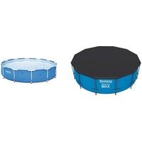 Bestway Steel Pro Frame Pool ohne Pumpe, rund 366x76cm Stahlrahmenpool, blau & 58037 Abdeckplane für Frame Pool, Durchmesser 366 cm