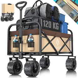 KESSER® Bollerwagen faltbar mit Breite Reifen Handwagen Transportkarre Gerätewagen   inkl. 2 Netztaschen   klappbar   Kunststoff-Reifen   bis 120 kg Tragkraft transportwagen Gartenanhänger
