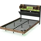 Metallbett - Bettgestell 140×200 cm - Mit Kopfteil - Lattenrost aus Holz - Skandinavischer Retro-Stil - Braun