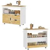 Homcom Küchenwagen Servierwagen mit Arbeitsplatte, Schubladen, Rollwagen mit Küchenschrank mit Soft-Close-Tür, Griff, Kücheninsel mit offenem Fach für Büro, 107x50x85cm, Eiche Holz, 107x85x50 cm, Esszimmer,