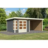 Woodfeeling Karibu Gartenhaus Kastorf 6 mit Fensterecke - inkl. 3,20m Schleppdach,Seiten und Rückwand - 28 mm 274 x 274 cm- terragrau 50% Aktions-Rabatt auf Dacheindeckung & gratis Gartenhaus-Pflegebox